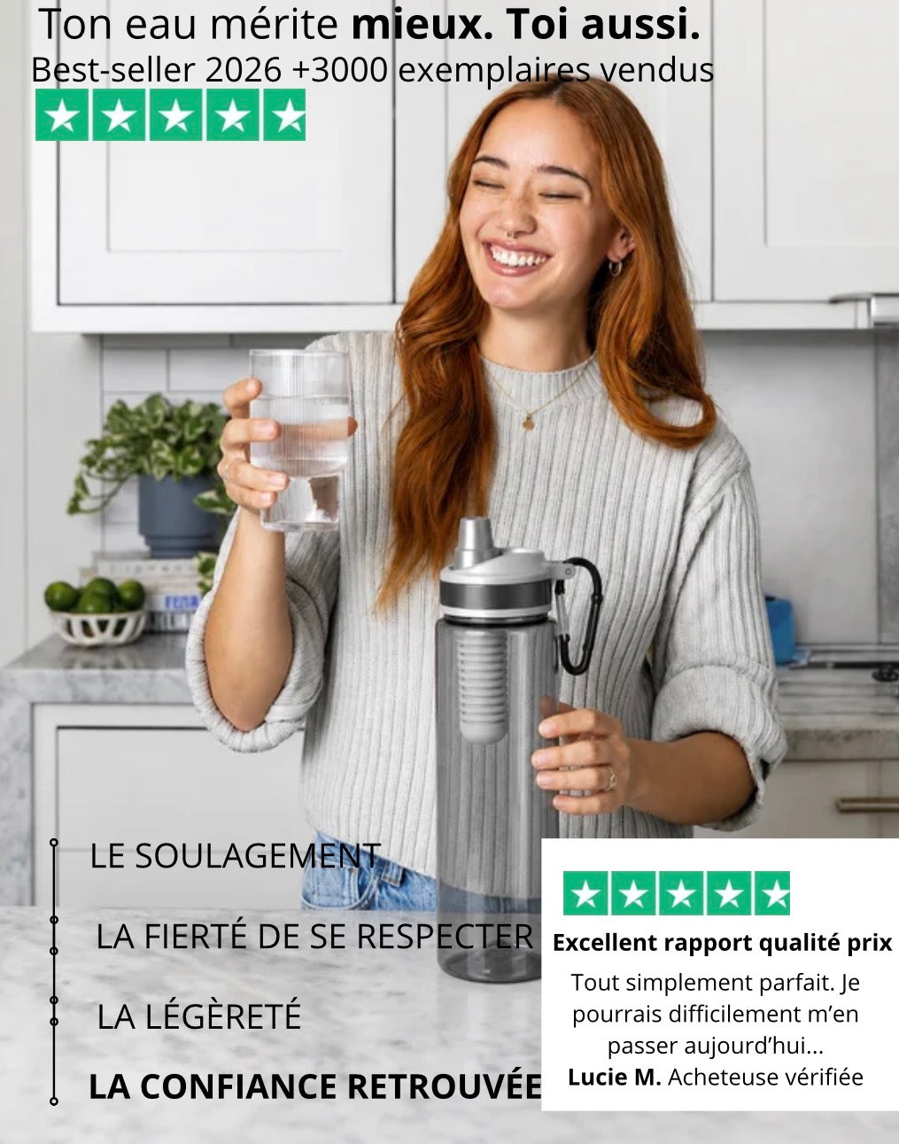 Bouteille d'eau filtrante au charbon actif